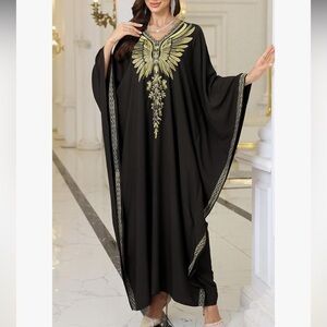 FREE SIZE Black Kaftan with Gold Angel Wing Design